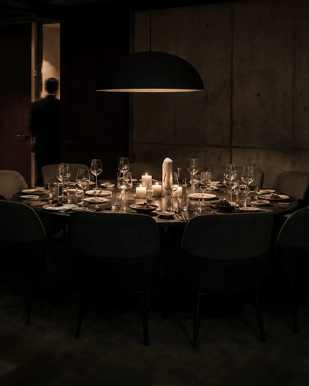 Private dining room lit by one wide pendant over a round table set with candles and glassware, concrete and dark timber walls